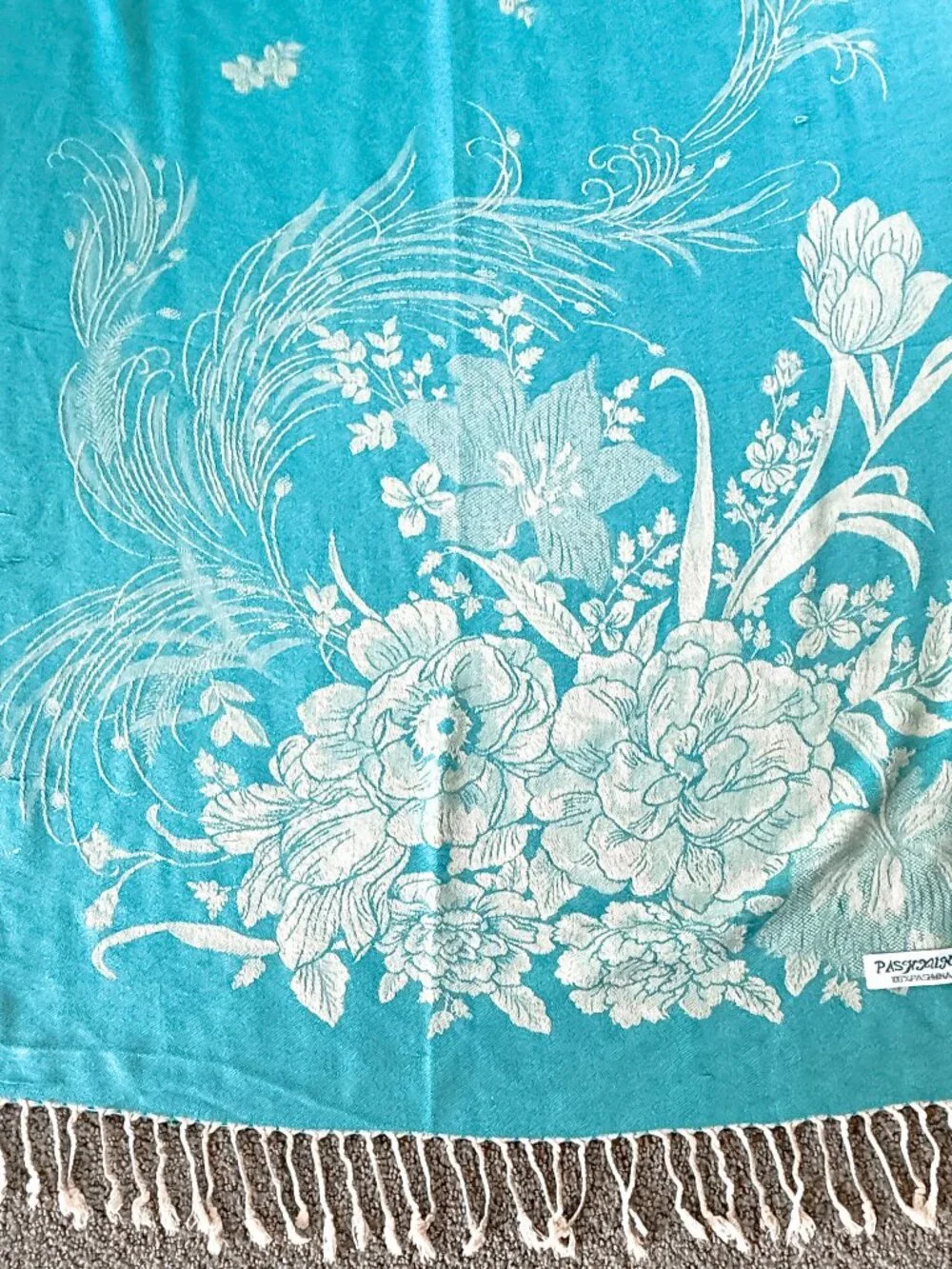 100% Pure Pashmina Wool Scarf Wrap Turquoise Blue Beige Floral Oversized Shawl